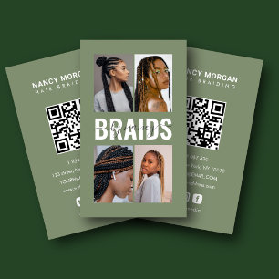 Braids Calligraphy Script Photo Collage Sage Green Business Card