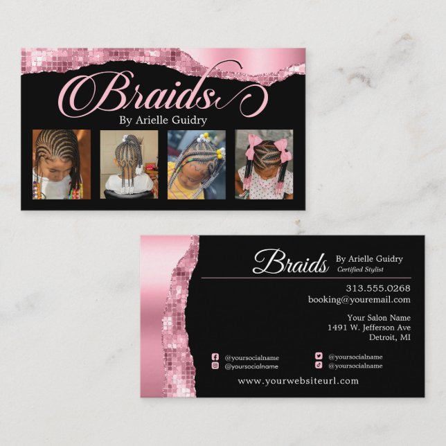 Braids Hair Braiding Stylist Salon Add Photos Pink Business Card (Front/Back)