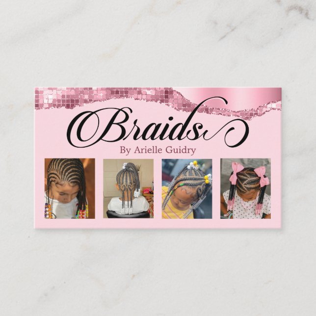 Braids Hair Braiding Stylist Salon Add Photos Pink Business Card (Front)
