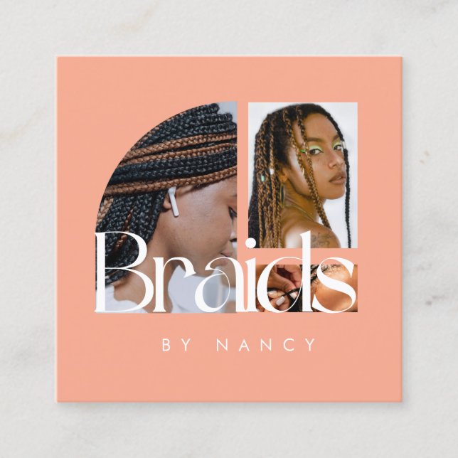 Braids Photo Collage Peach  Square Business Card (Front)