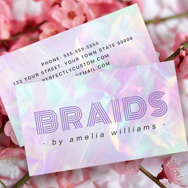Braids purple holographic pastel rainbow colours business card (Braids purple holographic pastel rainbow colors business card)