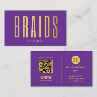 Braids QR Code & Logo Purple And Gold Business Card