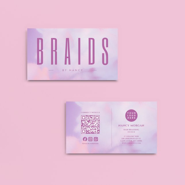Braids QR Code & Logo Purple Holographic Business Card (Creator Uploaded)