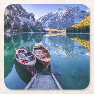 Braies Lake Dolomite Alps, Italy Square Paper Coaster