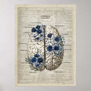 Brain Anatomy Blue Floral Dictionary Art Poster