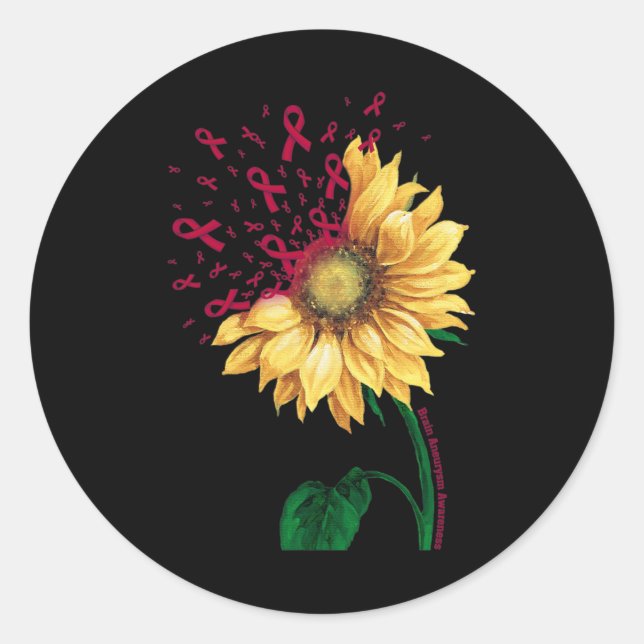 Brain Aneurysm AWARENESS Sunflower Burgundy Ribbon Classic Round Sticker (Front)