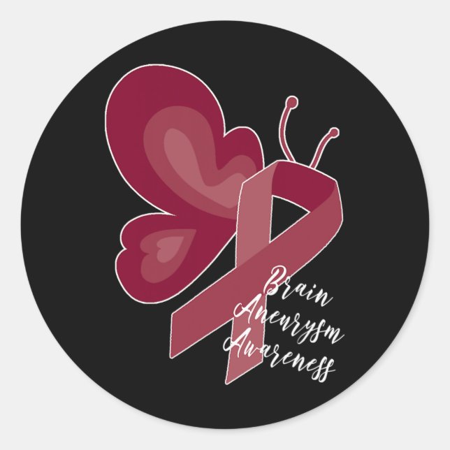 Brain Aneurysm Survivor Awareness Burgundy Butterf Classic Round Sticker (Front)