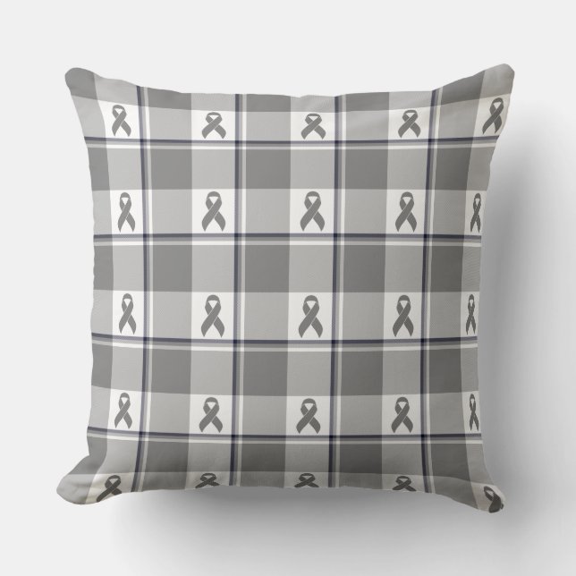Brain Cancer Awareness Plaid Gray Ribbon Cushion (Front)