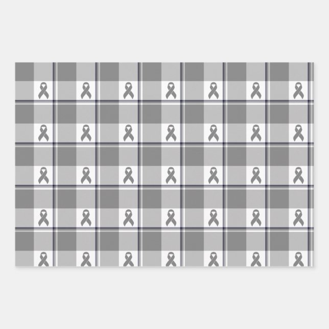 Brain Cancer Awareness Plaid Gray Ribbon Wrapping Paper Sheet (Front)