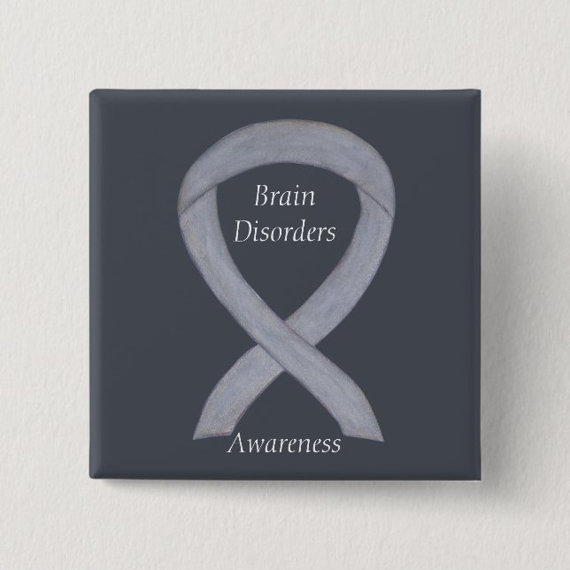 Brain Disorders Silver Awareness Ribbon Custom Pin (Front)