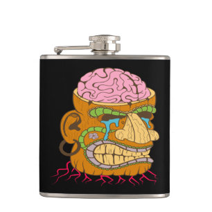 Brain Exposed Tiki Head, Funny Black Hip Flask