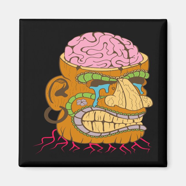 Brain Exposed Tiki Head, Funny Black Magnet (Front)