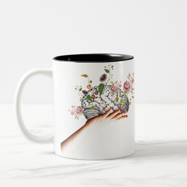 Brain Flowers Collage Two-Tone Coffee Mug (Left)