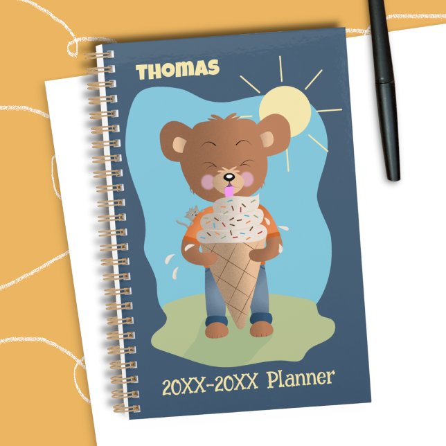 Brain Freeze Kid Fun Academic Planner (Fun kid academic planner with name featuring a brown bear eating an ice cream cone .)