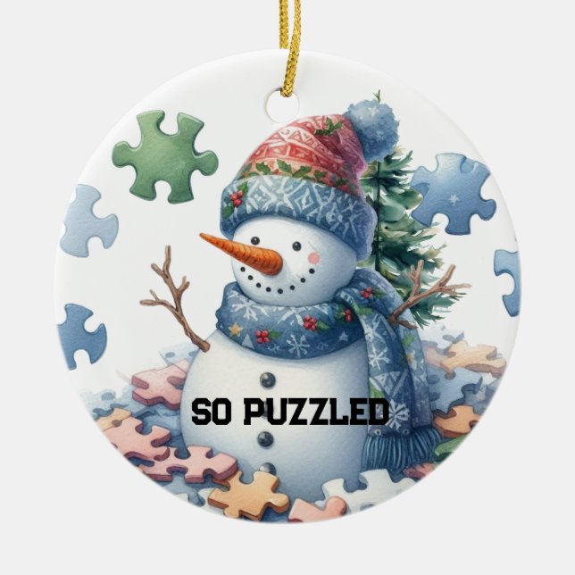 Brain Freeze Snowman's Puzzle Ceramic Ornament (Front)