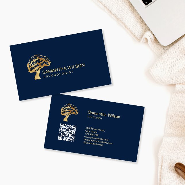 Brain Psychologist Therapist Psychiatrist QR Code Business Card (gold brain tree logo)
