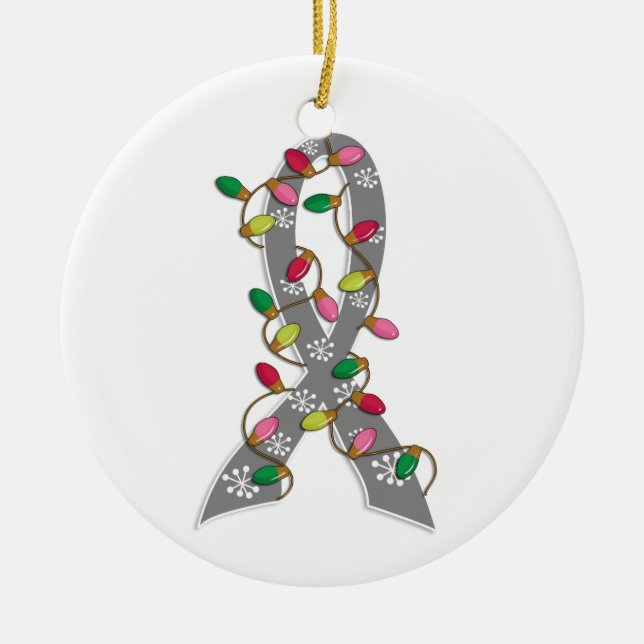 Brain Tumour Christmas Lights Ribbon Ceramic Tree Decoration (Front)