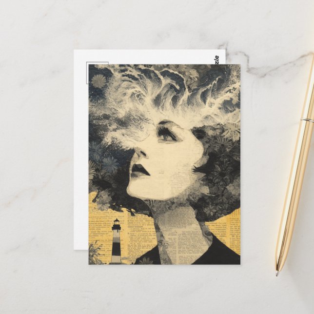 Brain Waves Lighthouse mixed media Collage Postcard (Front/Back In Situ)