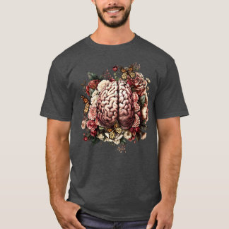 Brain with flowers psychology mental health front T-Shirt