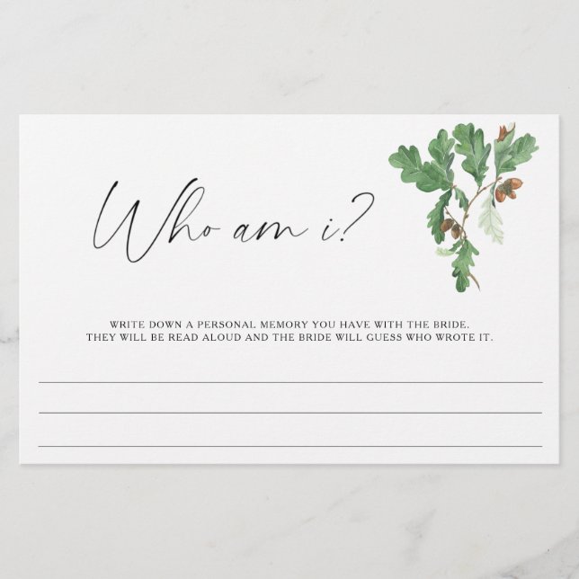Branch acorns - Who am I bridal shower game Stationery (Front)