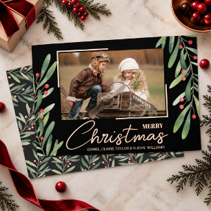 Branch Berries on Black Christmas Photo Rose Gold Foil Holiday Card