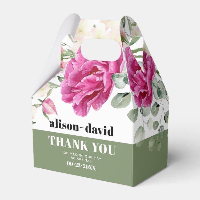Branch, greenery  pink roses typography wedding favour box (Front Side)