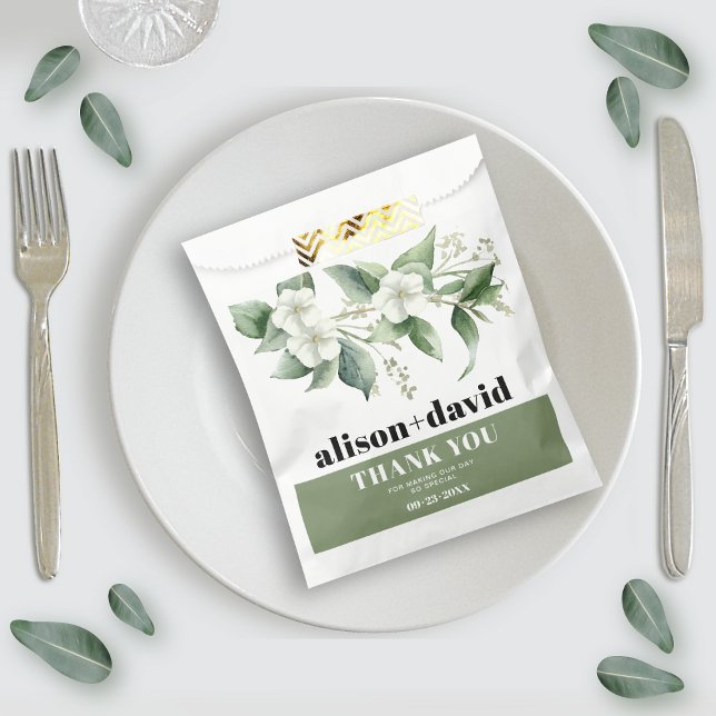 Branch, greenery white flowers typography wedding favour bag (Creator Uploaded)