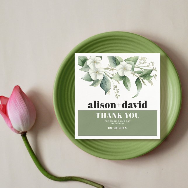 Branch, greenery white flowers typography wedding napkin (Creator Uploaded)