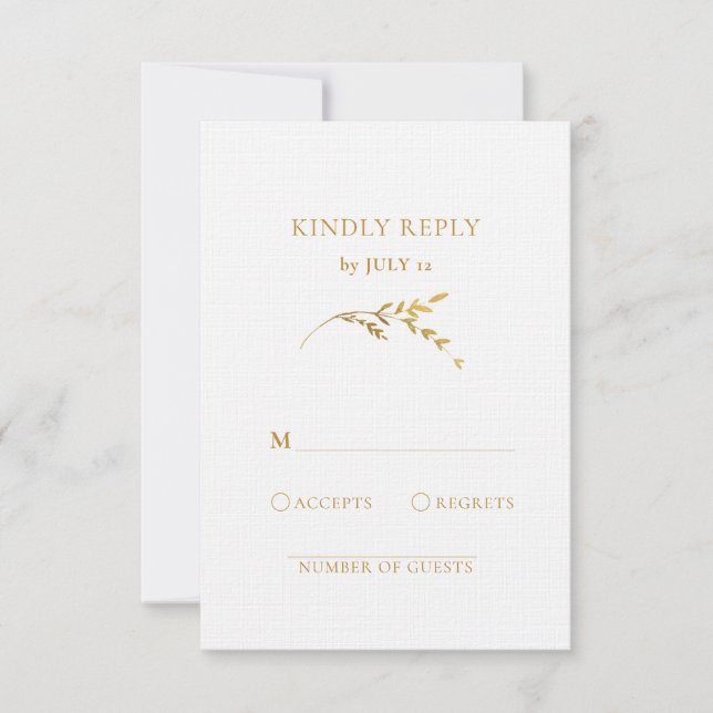 Branch Minimalist White and Gold Leaves Wedding  RSVP Card (Front)