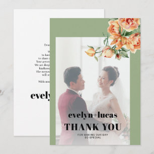 Branch, peach roses, white flowers photo wedding thank you card