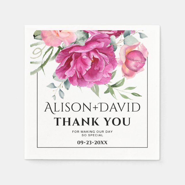 Branch, pink rose flowers and typography wedding napkin (Front)