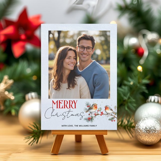 Branch, robin birds and berries Christmas photo Holiday Card (Creator Uploaded)