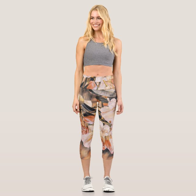 Branch with an orange spring azalea flower  capri leggings (Front)