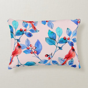 Branch with berries and birds watercolor illustrat decorative cushion