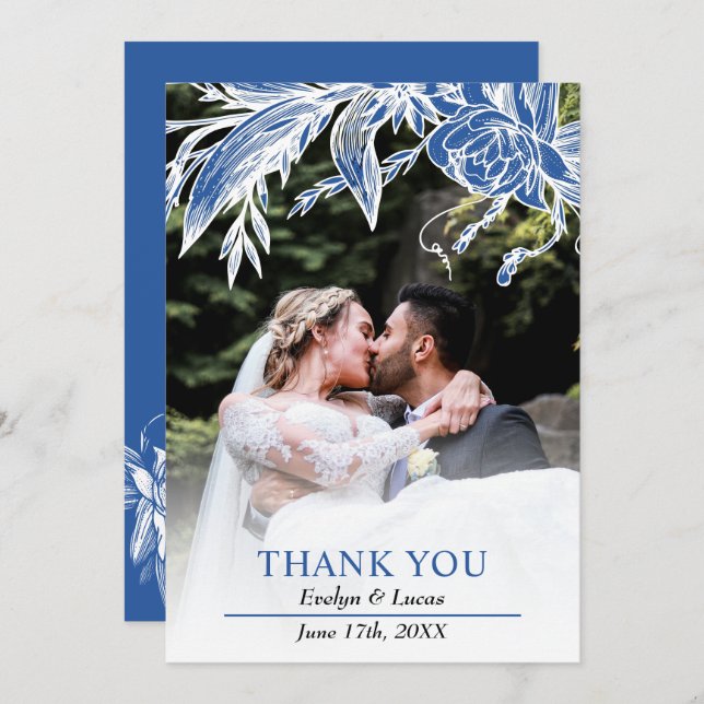 Branch with blue and white flowers wedding photo  thank you card (Front/Back)