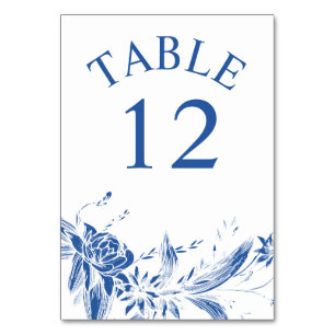 Branch with blue and white flowers wedding table number