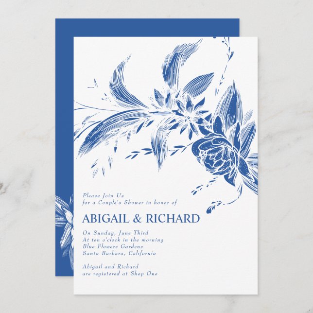 Branch with blue flowers wedding couples shower invitation (Front/Back)
