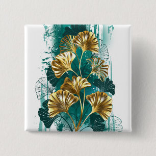 Branch with Golden Leaves Ginko Biloba 15 Cm Square Badge