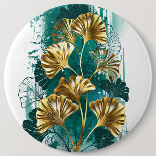 Branch with Golden Leaves Ginko Biloba 6 Cm Round Badge