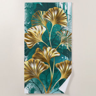Branch with Golden Leaves Ginko Biloba Beach Towel