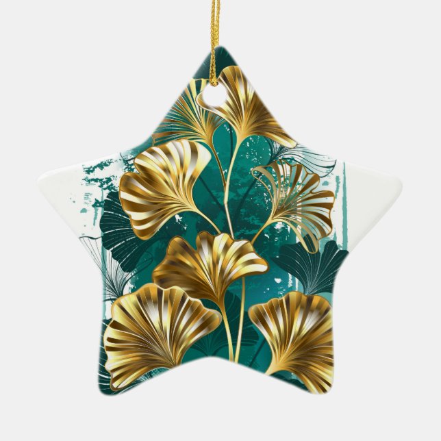 Branch with Golden Leaves Ginko Biloba Ceramic Ornament (Front)