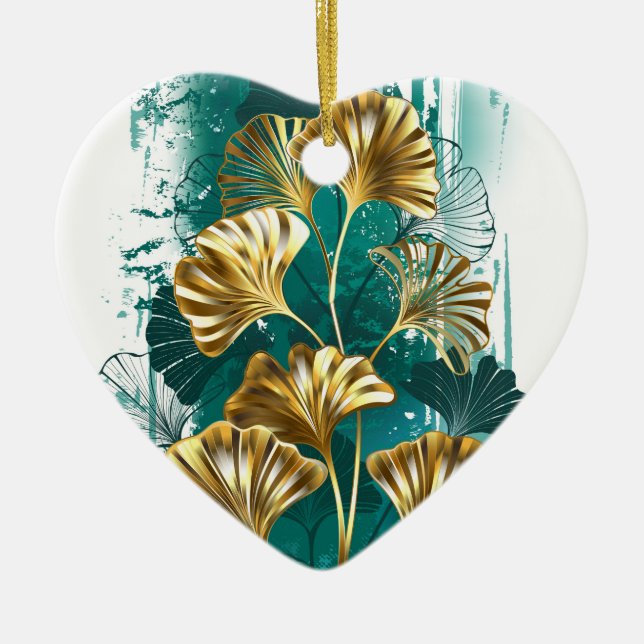 Branch with Golden Leaves Ginko Biloba Ceramic Ornament (Front)