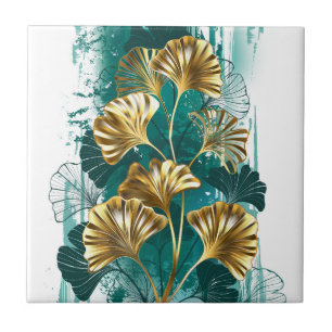 Branch with Golden Leaves Ginko Biloba Ceramic Tile