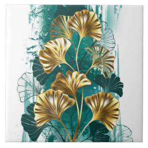 Branch with Golden Leaves Ginko Biloba Ceramic Tile
