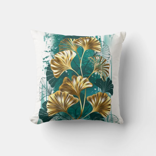 Branch with Golden Leaves Ginko Biloba Cushion (Front)
