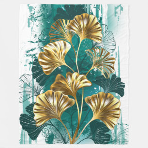 Branch with Golden Leaves Ginko Biloba Fleece Blanket