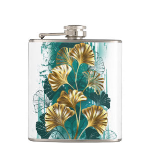 Branch with Golden Leaves Ginko Biloba Hip Flask