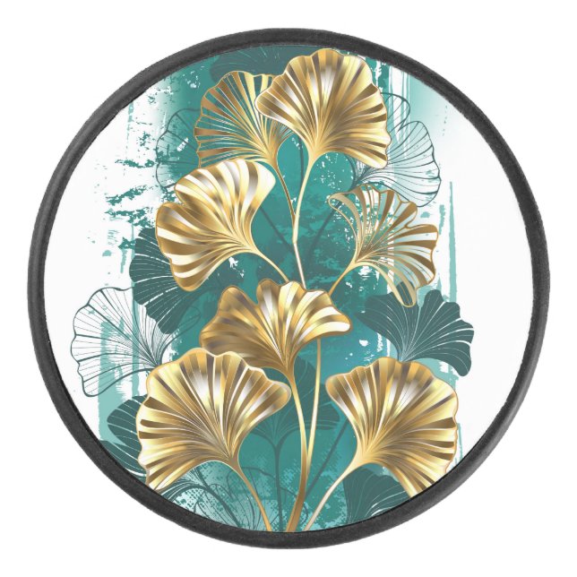 Branch with Golden Leaves Ginko Biloba Hockey Puck (Front)