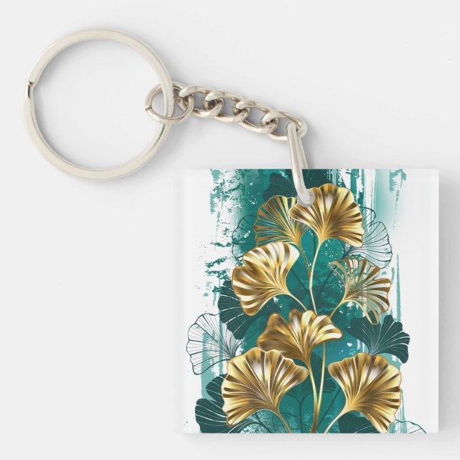 Branch with Golden Leaves Ginko Biloba Key Ring (Front)