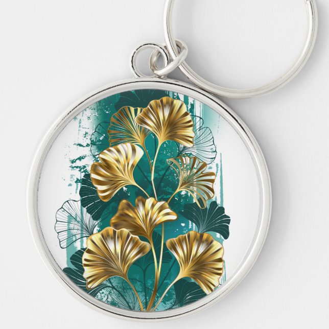Branch with Golden Leaves Ginko Biloba Key Ring (Front)